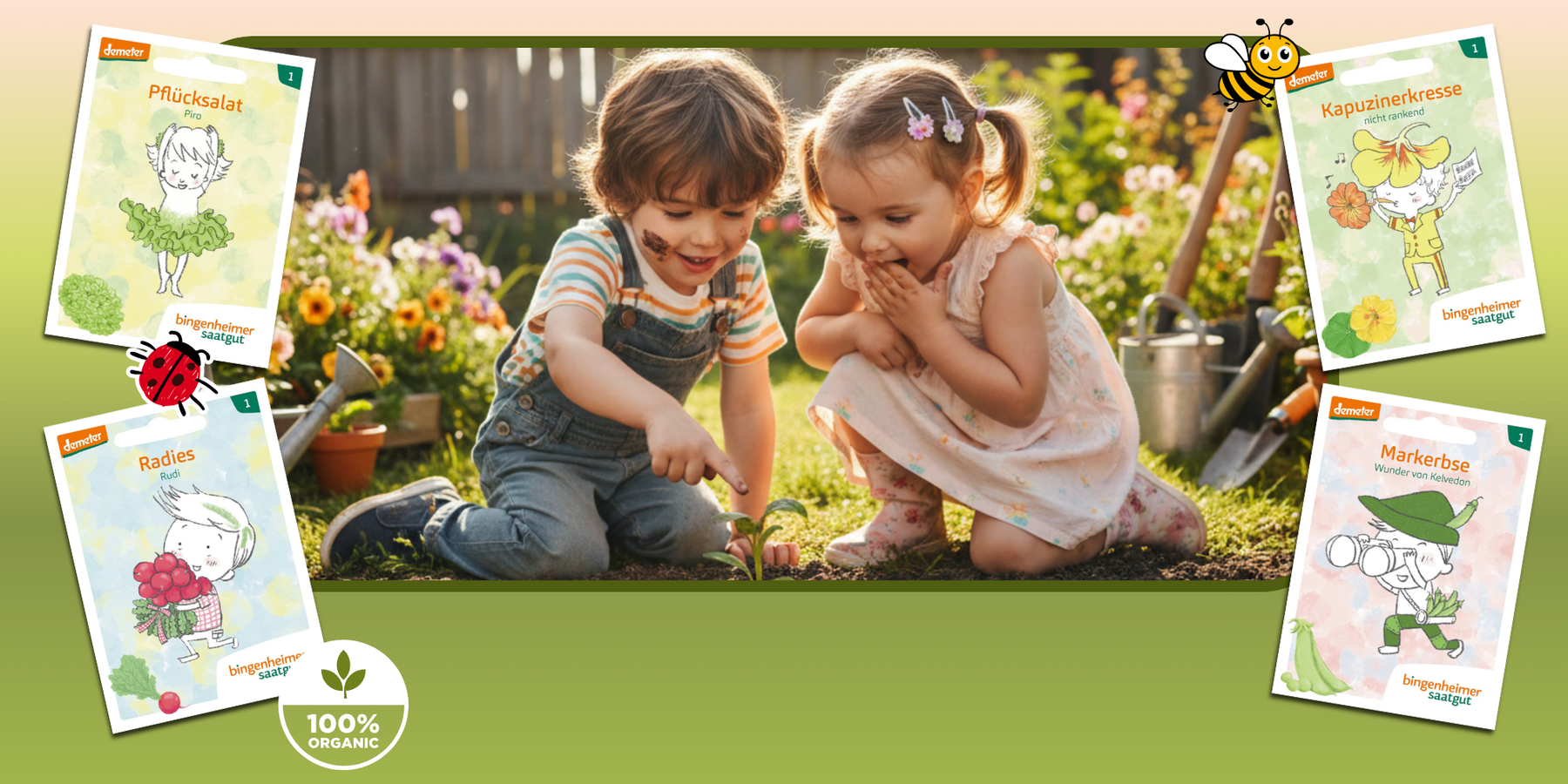 KI-generiertes Bild mit zwei Kindern beim Gärtnern zwischen Blumen, Gemüse und dargestellten Saatguttüten.