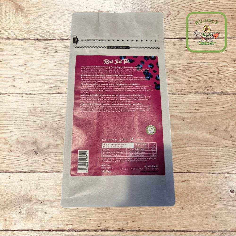 Fruchtiger Rooibos Eistee mit Mango, Papaya und frischer Minze in stilvoller Verpackung – tropische Erfrischung von RUJOLY.