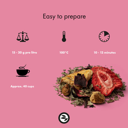 Zubereitung Sweet Berry: 15–20 g/L, 100 °C, 10–12 Minuten Ziehzeit