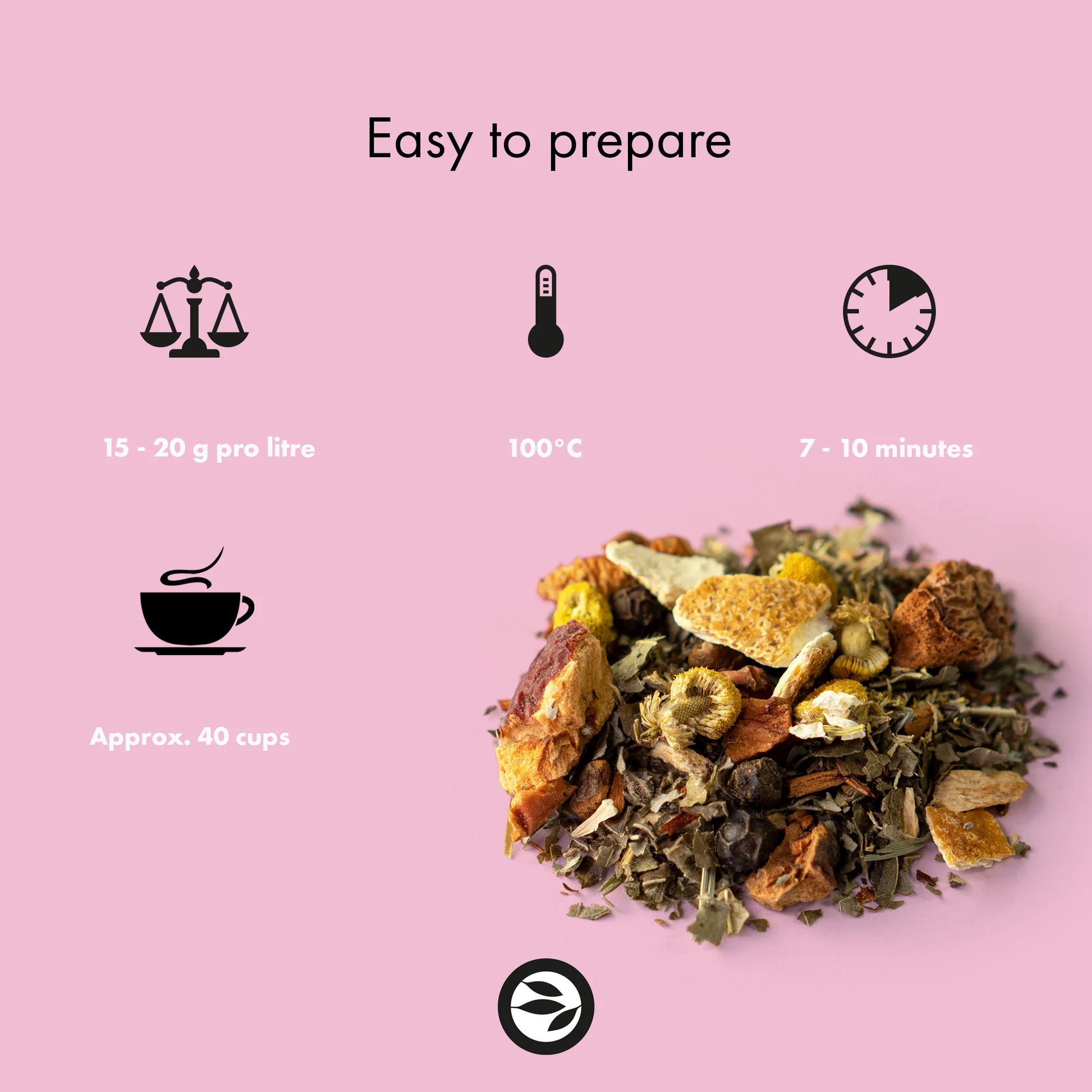 Zubereitung: 15–20g/L, 100 °C, 7–10 Min – ergibt ca. 40 Tassen