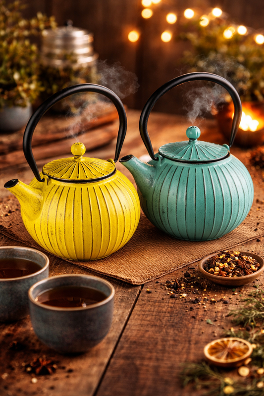 Gusseisen Teekanne Akitsu in Gelb und Türkis – stimmungsvolles Teeritual mit warmer Atmosphäre