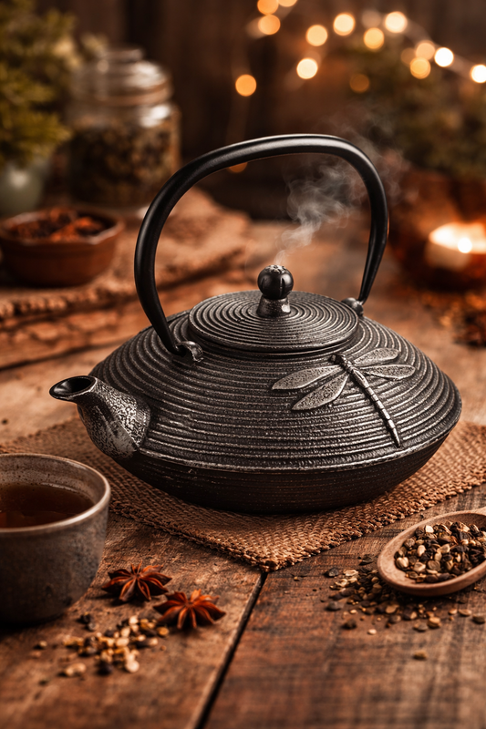 Stimmungsbild der Akitsu Gusseisen-Teekanne bei gemütlichem Teeritual mit Dampf, Holzuntergrund und warmem Licht