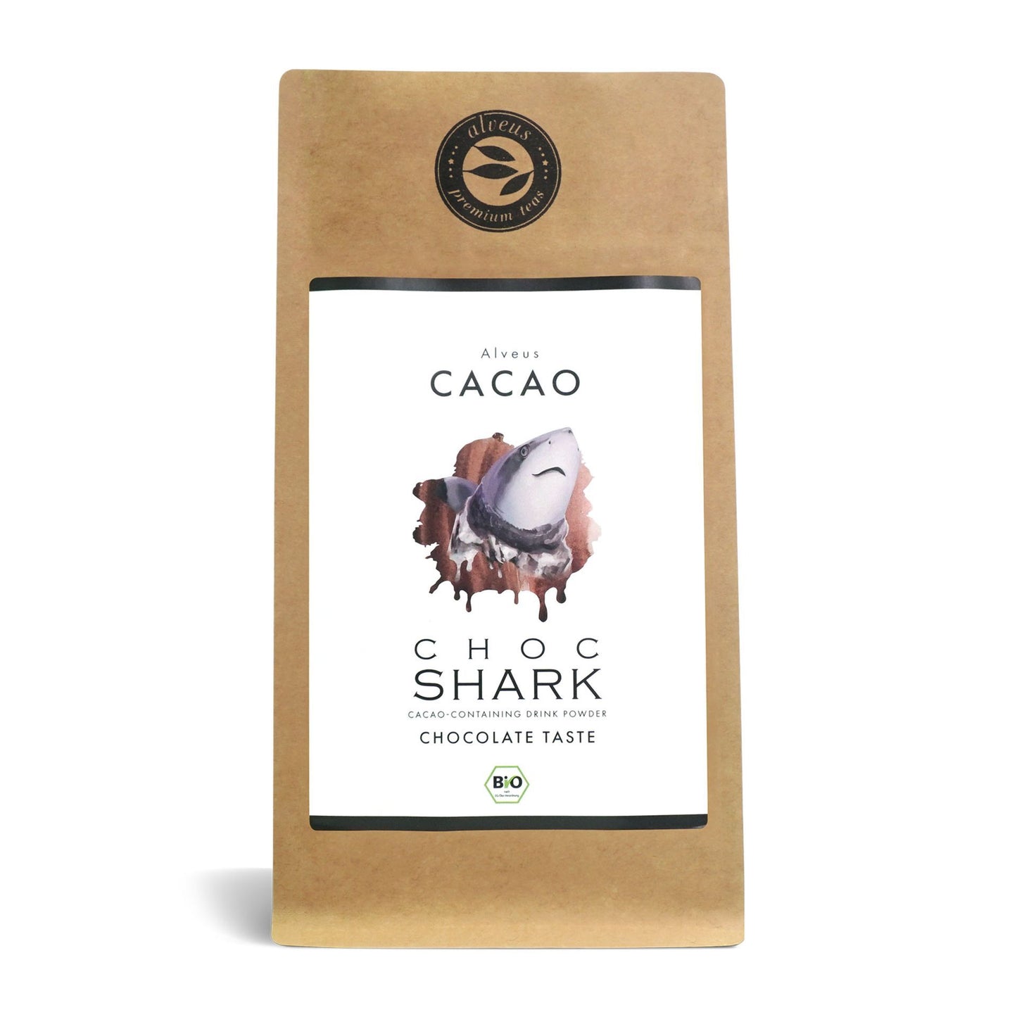 Vorderansicht Alveus Cacao Choc Shark BIO Kakaopulver 125 g in brauner Standbodenverpackung