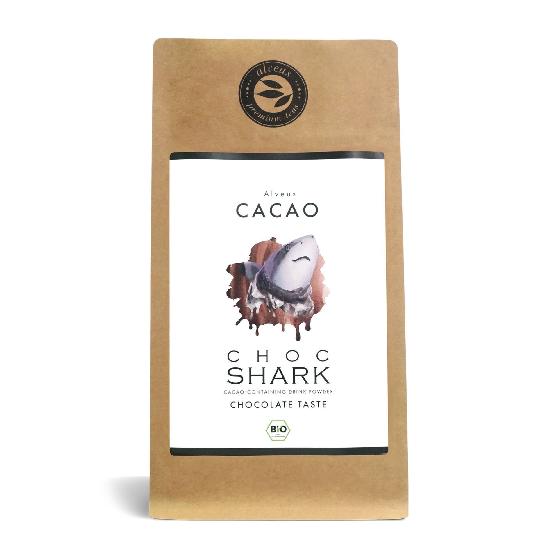 Vorderansicht Alveus Cacao Choc Shark BIO Kakaopulver 125 g in brauner Standbodenverpackung