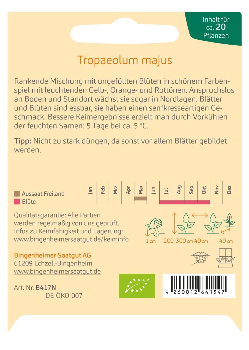 Rückseite der Saatgutpackung mit Anbauhinweisen für die Kapuzinerkresse.