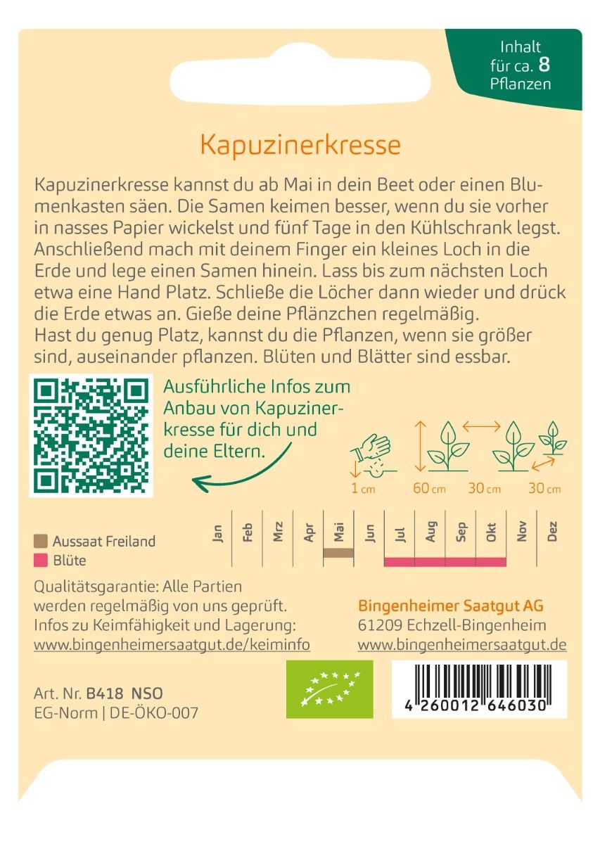 Rückseite der Saatgutpackung mit Anbauhinweisen für Kapuzinerkresse.