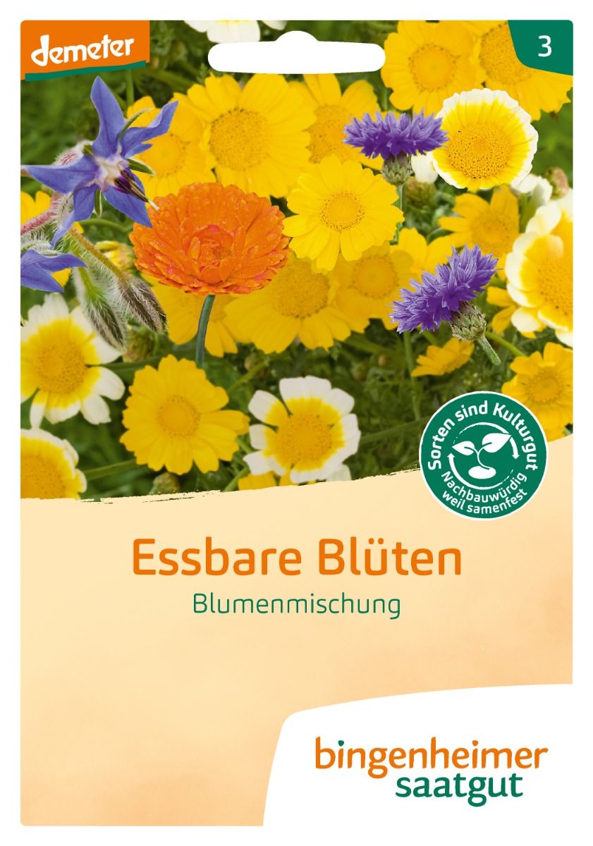 Blumenmischung auf der Verpackung: Saatgutpackung der essbaren Blütenmischung mit bunten Blüten und dem Demeter-Logo.