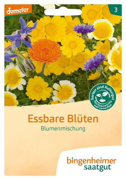 Blumenmischung auf der Verpackung: Saatgutpackung der essbaren Blütenmischung mit bunten Blüten und dem Demeter-Logo.