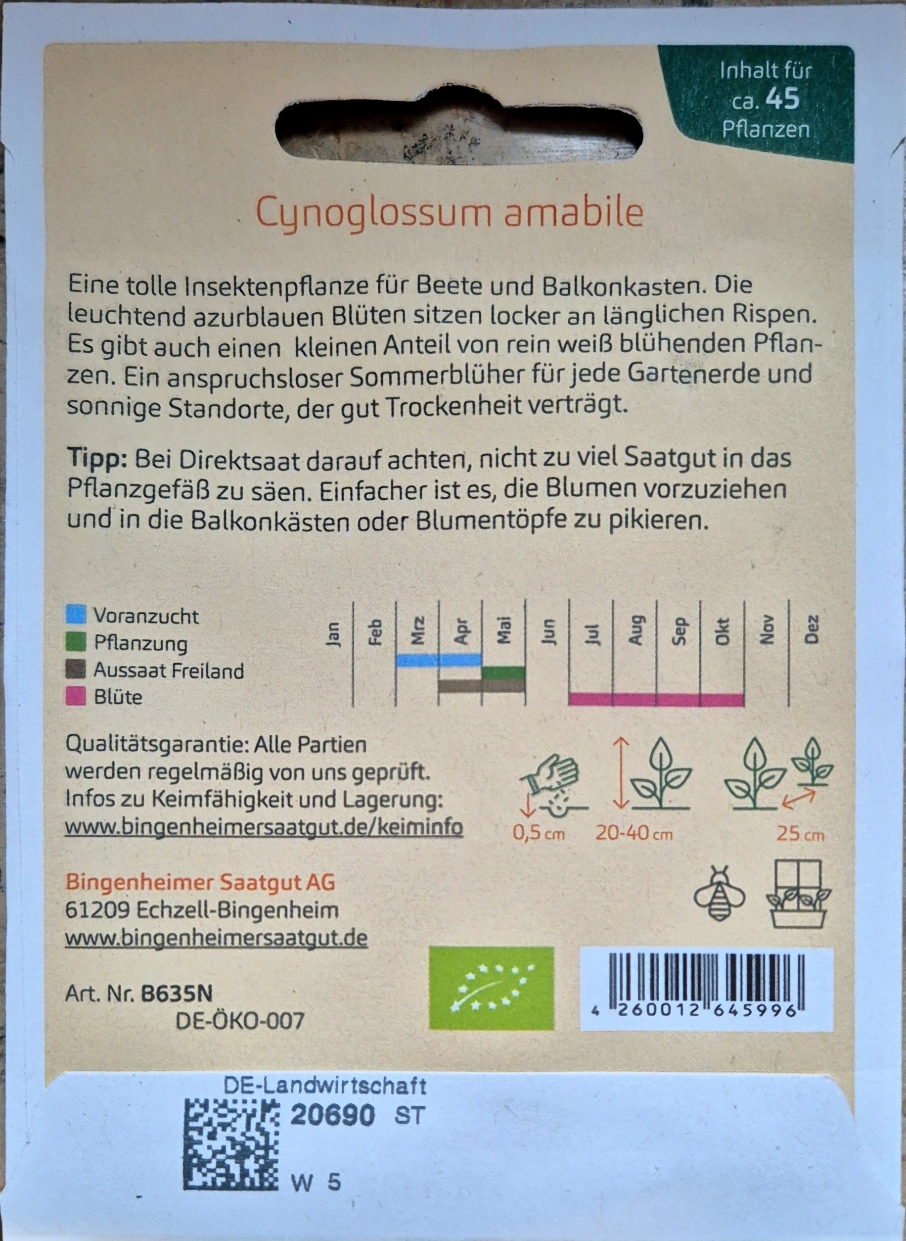 Rückseite der Saatgutverpackung mit Aussaatanleitung für das Chinesische Vergissmeinnicht.