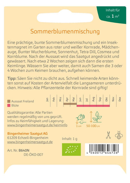 Rückseite der Saatgutpackung mit Anbauhinweisen für die Bauerngarten Sommerblumenmischung.