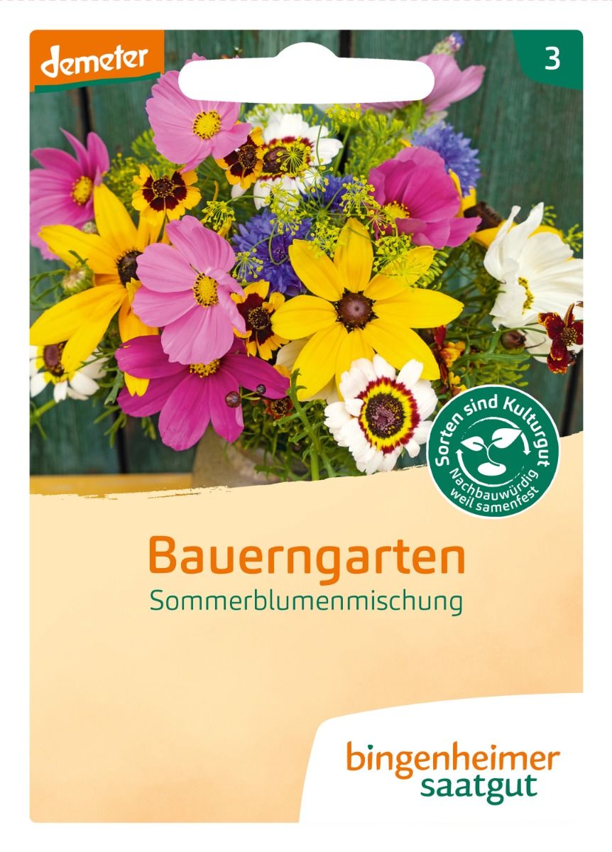 Verpackung der Bauerngarten Sommerblumenmischung von Bingenheimer Saatgut.