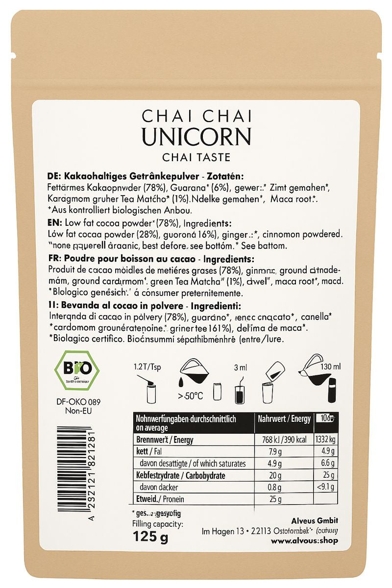 Rückseite der Bio-Kakaomischung Chai Chai Unicorn von Alveus mit Zutaten, Nährwerten und Zubereitung