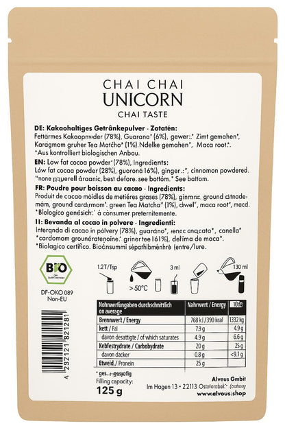 Rückseite der Bio-Kakaomischung Chai Chai Unicorn von Alveus mit Zutaten, Nährwerten und Zubereitung