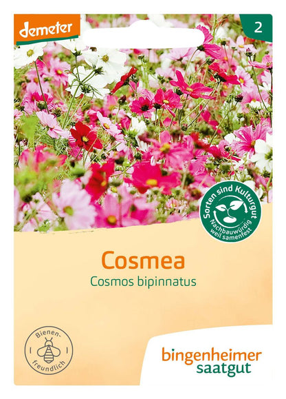 Samenpackung Cosmea Farbmischung – Vorderseite mit pink-weissen Blueten, demeter bio