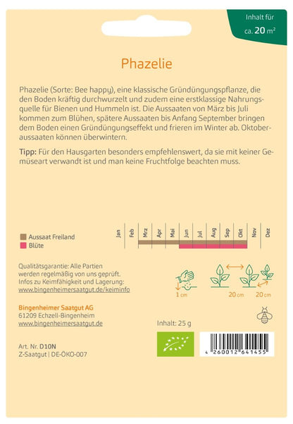 phazelie-aussaatkalender.jpg – Rückseite der Saatgutpackung mit Anbauhinweisen, Aussaatkalender und Pflegeinformationen.