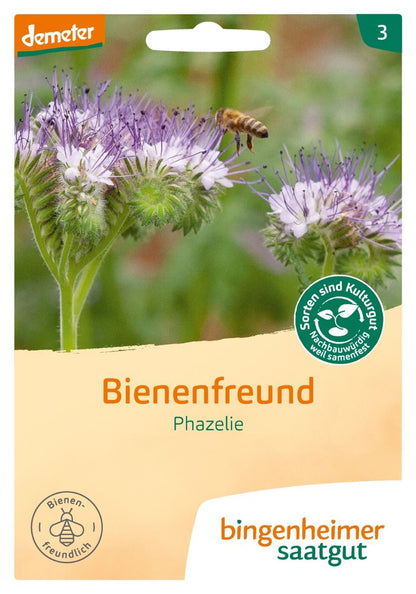 phazelie-saatgut-packung.jpg – Vorderseite der Saatgutpackung mit der Bezeichnung 'Bienenfreund Phazelie' von Bingenheimer Saatgut.