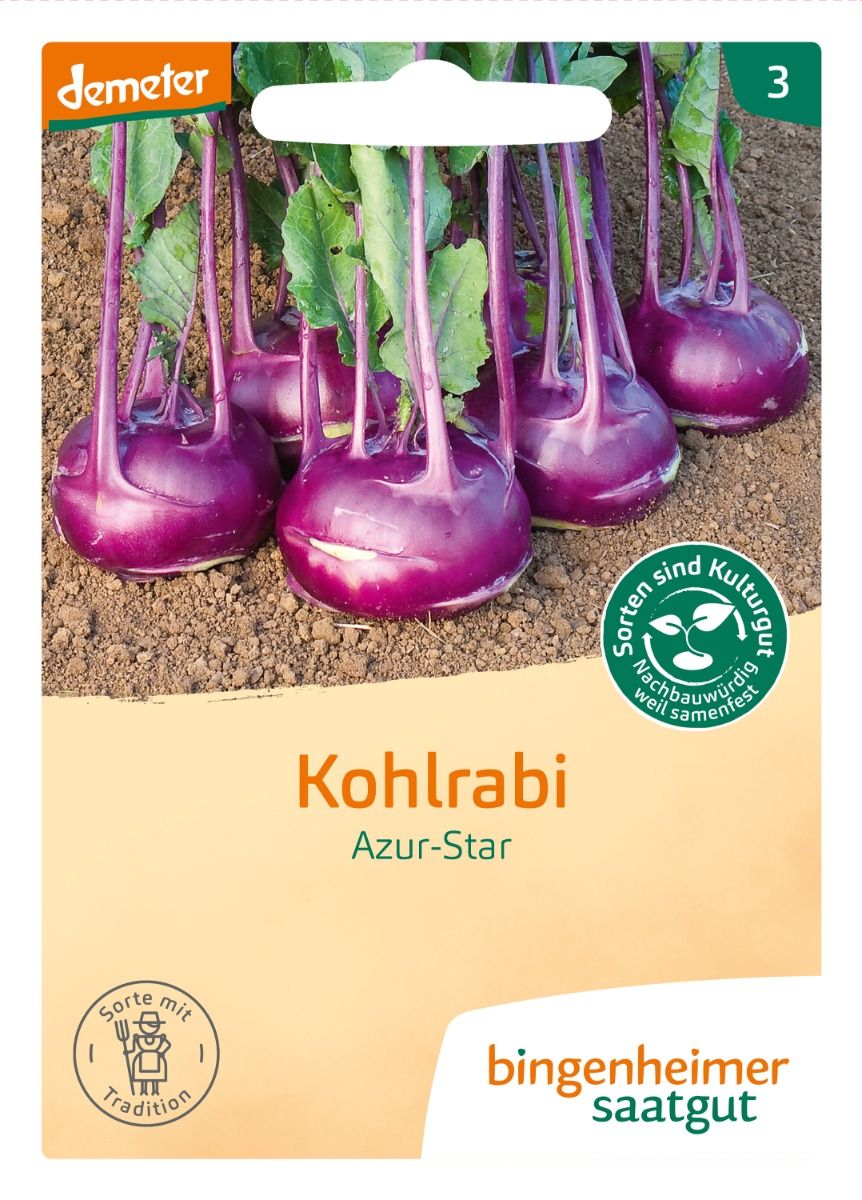 Vorderseite der Saatguttüte Bio-Kohlrabi Azur Star (Demeter) von Bingenheimer Saatgut