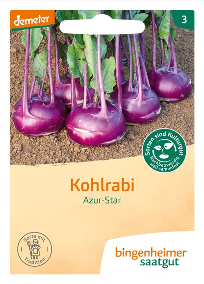 Vorderseite der Saatguttüte Bio-Kohlrabi Azur Star (Demeter) von Bingenheimer Saatgut