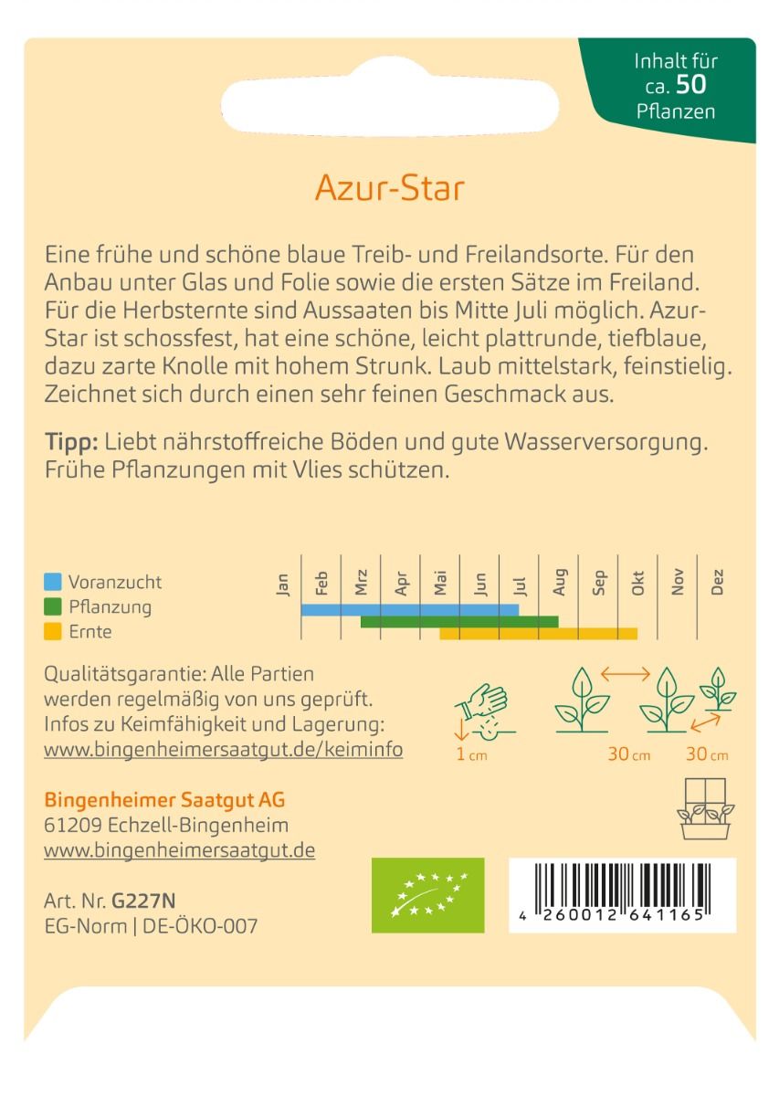 Rückseite der Saatguttüte mit Aussaatkalender und detaillierten Anbauhinweisen für Bio-Kohlrabi Azur Star von Bingenheimer Saatgut