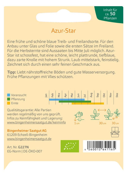 Rückseite der Saatguttüte mit Aussaatkalender und detaillierten Anbauhinweisen für Bio-Kohlrabi Azur Star von Bingenheimer Saatgut