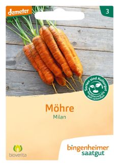Vorderseite der Saatgutpackung Bio-Möhre Nantaise 2/Milan von Bingenheimer Saatgut