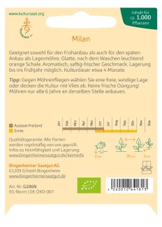 Rückseite der Saatgutpackung Nantaise 2/Milan mit Aussaatkalender und Pflanzhinweisen