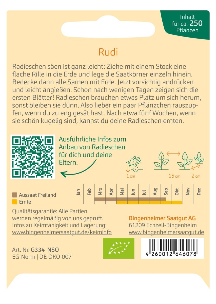Rückseite der Saatgutpackung mit Anbauhinweisen für Radieschen "Rudi".