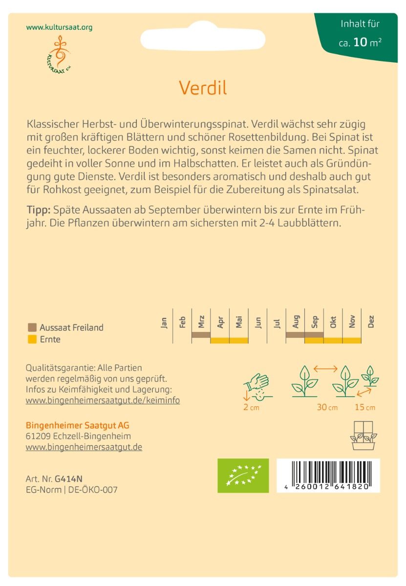 Rückseite der Saatgutpackung: Spinat 'Winterriesen/Verdil' mit Anbauhinweisen, Aussaatkalender und Pflegeinformationen.