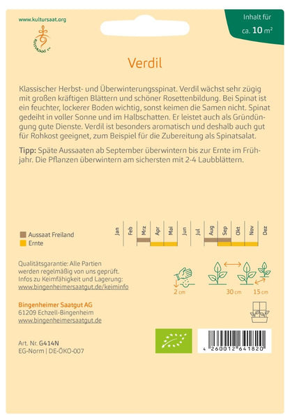 Rückseite der Saatgutpackung: Spinat 'Winterriesen/Verdil' mit Anbauhinweisen, Aussaatkalender und Pflegeinformationen.