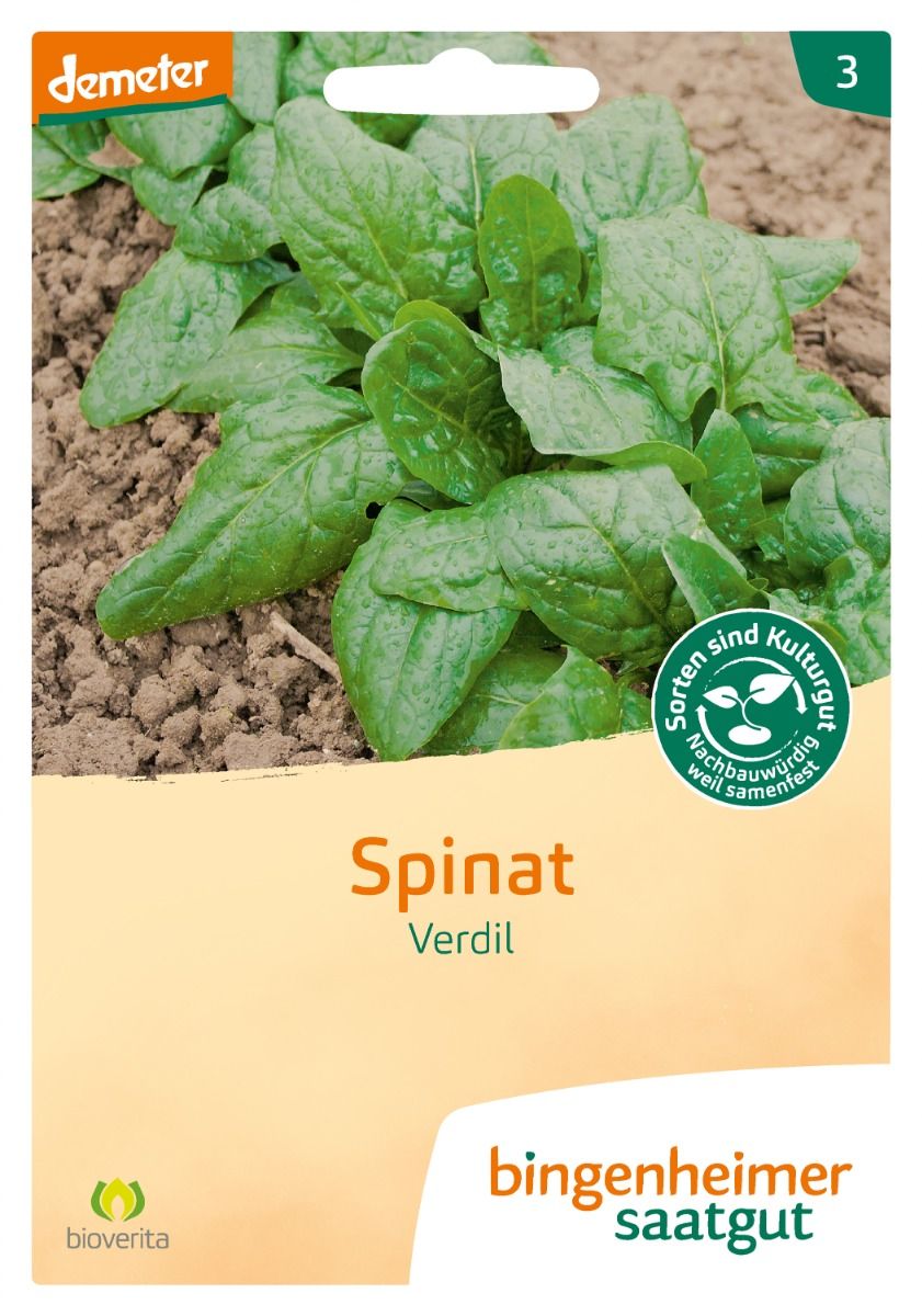 Vorderseite der Saatgutpackung: Spinat 'Winterriesen/Verdil' von Bingenheimer Saatgut – samenfest und winterhart.
