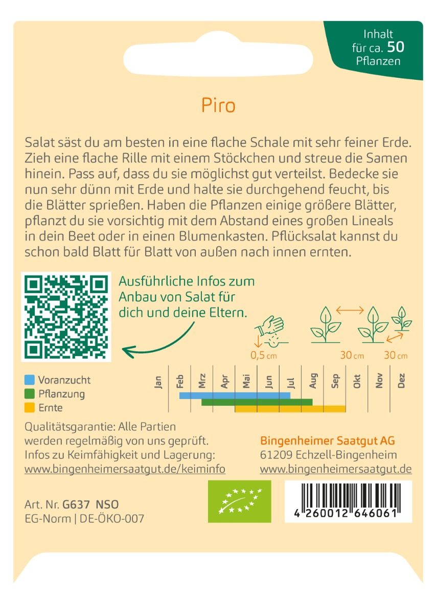 Rückseite der Saatgutpackung mit Anleitung für den Anbau von Pflücksalat für Kinder.
