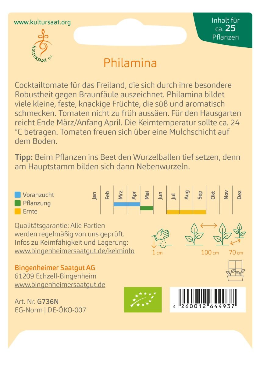Rückseite der Saatgutpackung Philamina mit detailliertem Aussaatkalender und Pflanztipps