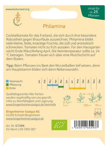 Rückseite der Saatgutpackung Philamina mit detailliertem Aussaatkalender und Pflanztipps