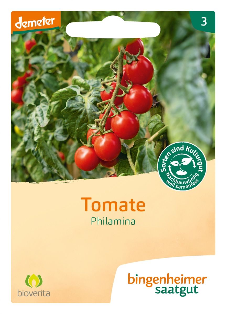 Vorderseite der Saatgutpackung Bio-Cherrytomate Philamina von Bingenheimer Saatgut