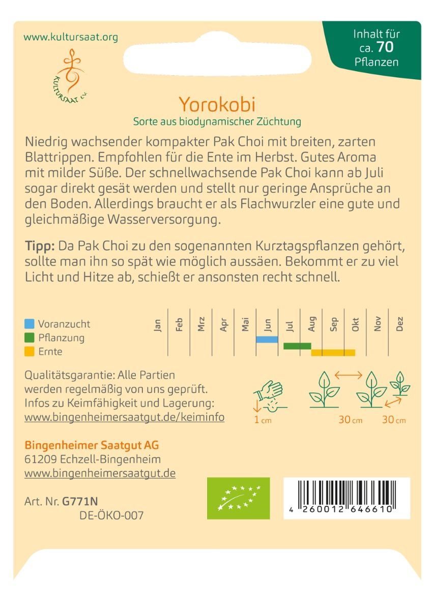 Rückseite der Saatgutpackung – Pak Choi 'Yorokobi' mit Anbauhinweisen, Aussaatkalender und Pflegeinformationen.