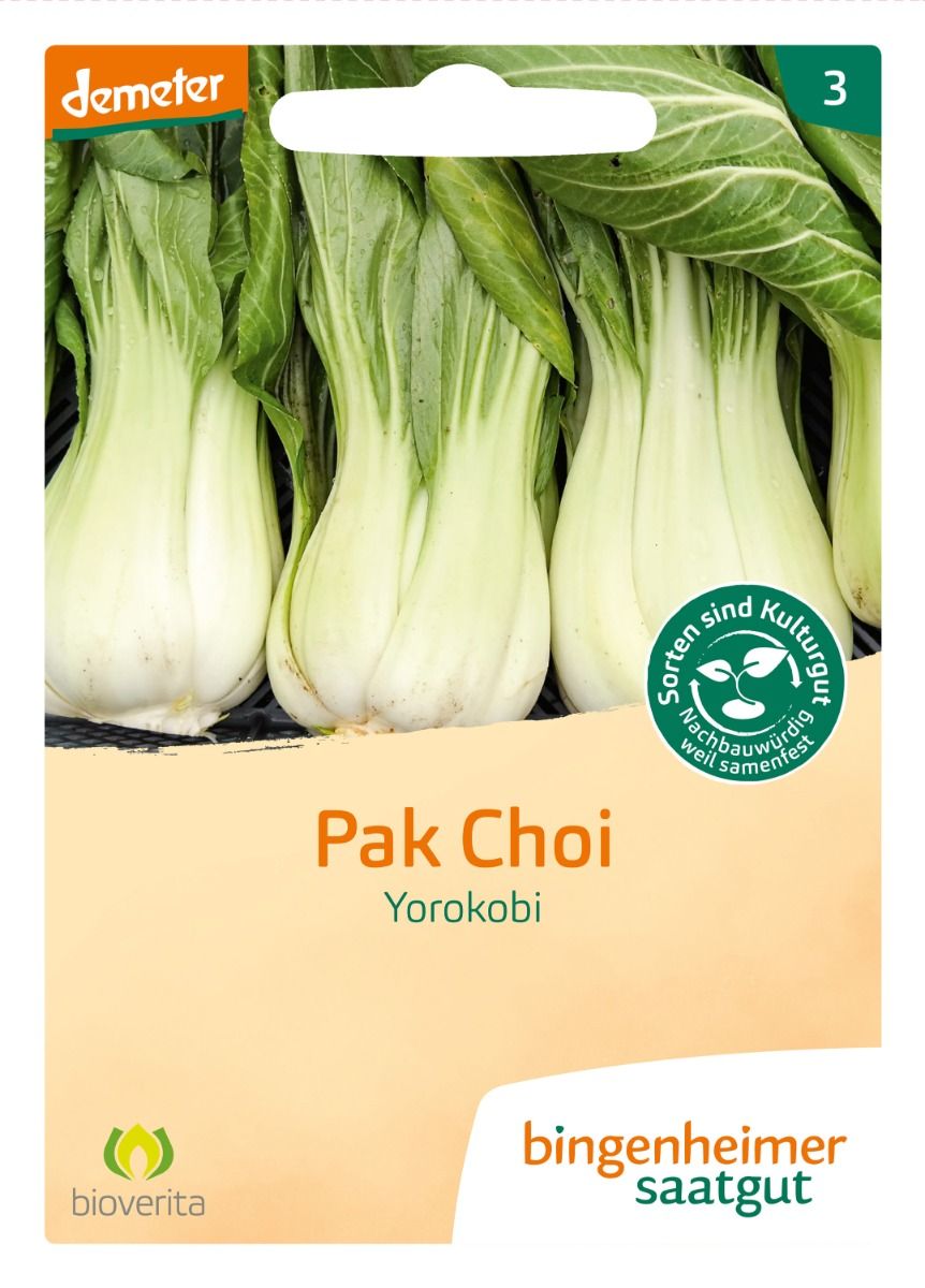 Vorderseite der Saatgutpackung – Saatgutverpackung für Pak Choi 'Yorokobi' von Bingenheimer Saatgut, mit Bild von frischem Pak Choi.