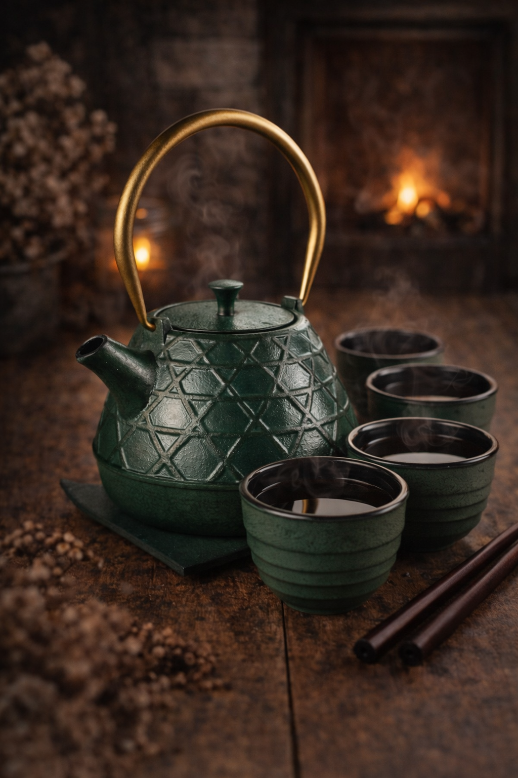 Komorebi Teeset mit vier Tassen in gemütlicher Teeszene