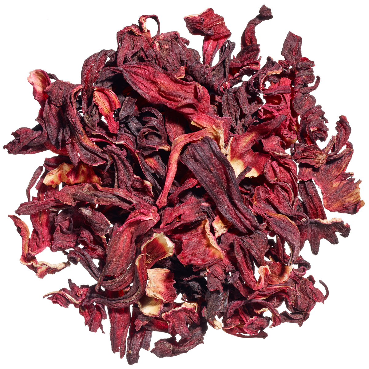 Lose rote Hibiskusblütenkelche des Ronnefeldt Bio-Kräutertees