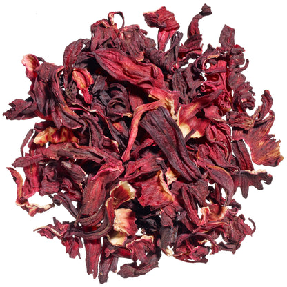 Lose rote Hibiskusblütenkelche des Ronnefeldt Bio-Kräutertees