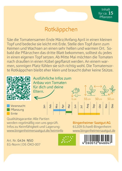 Rückseite der Saatguttüte Balkon-Tomate Rotkäppchen