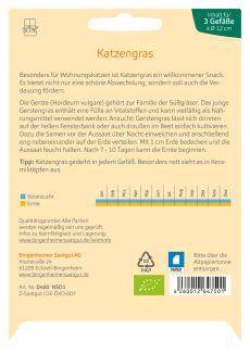 Rückseite der Saatguttüte Bio Katzengras mit Anzuchtangaben von Bingenheimer Saatgut