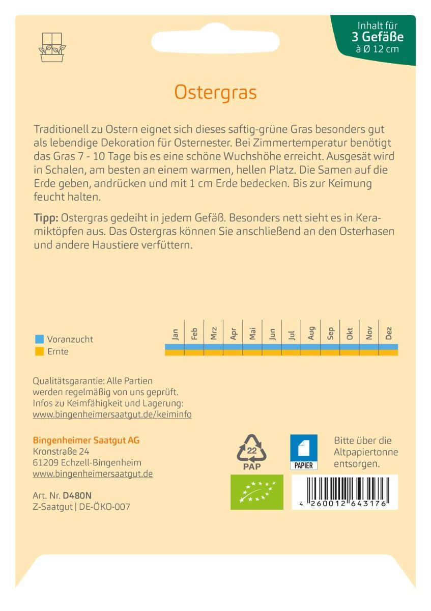 Rückseite der Saatguttüte Bio Ostergras mit Anzuchtangaben, EAN und Bio-Kontrollstelle von Bingenheimer Saatgut