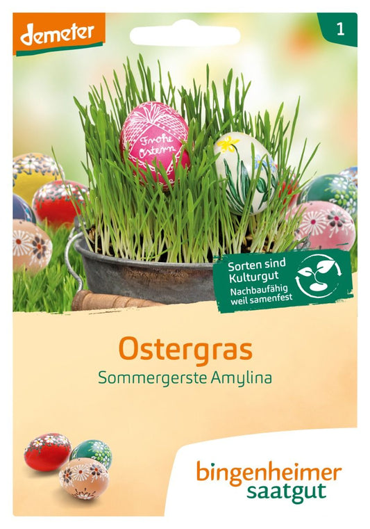 Saatguttüte Bio Ostergras Sommergerste Amylina von Bingenheimer Saatgut mit grünem Ostergras und Ostereiern