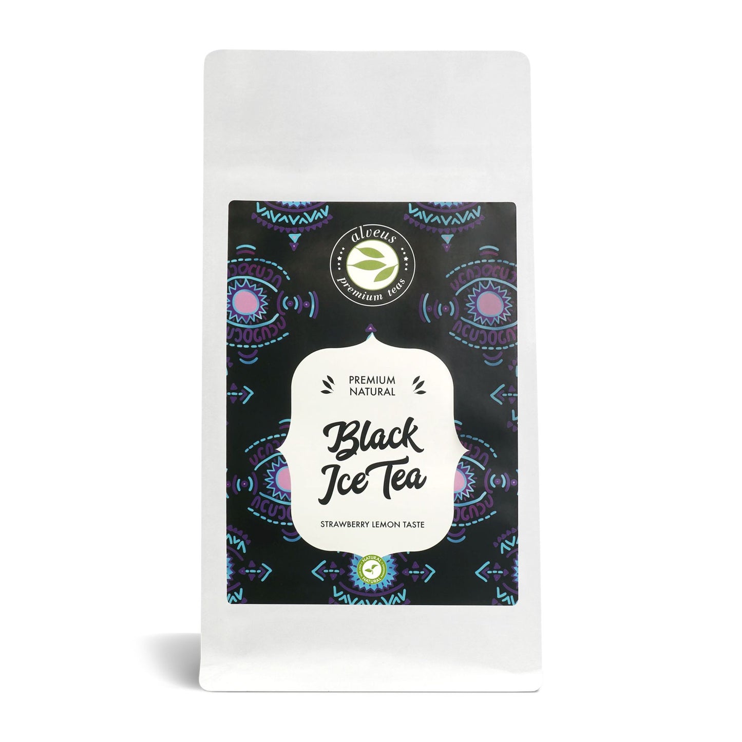 Black Ice Tea von alveus® in weißer 100-g-Nachfülltüte mit schwarzem Etikett und Erdbeer-Zitronen-Geschmack