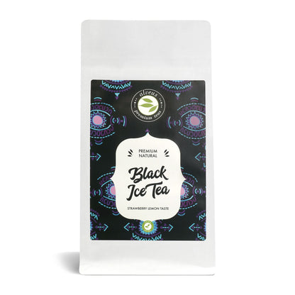 Black Ice Tea von alveus® in weißer 100-g-Nachfülltüte mit schwarzem Etikett und Erdbeer-Zitronen-Geschmack
