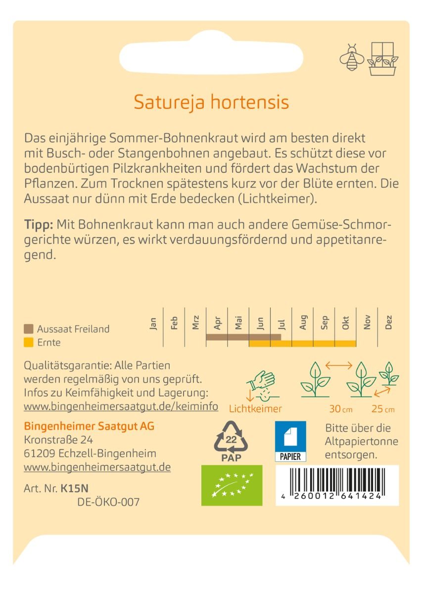 Rückseite Bohnenkraut Saturn von Bingenheimer mit Aussaat-, Ernte- und Produktangaben