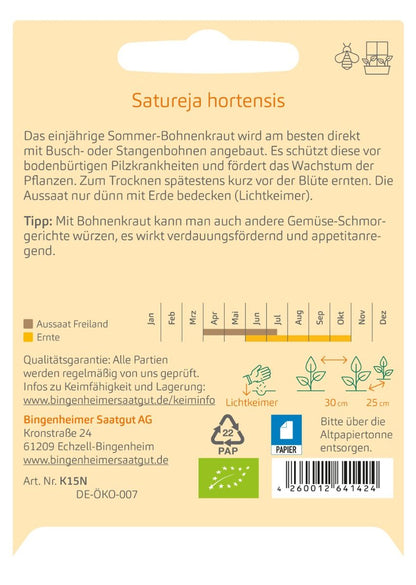 Rückseite Bohnenkraut Saturn von Bingenheimer mit Aussaat-, Ernte- und Produktangaben