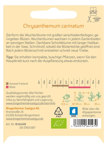 Rückseite der Saatguttüte Bunte Wucherblume mit Aussaat-, Blüte- und Produktangaben