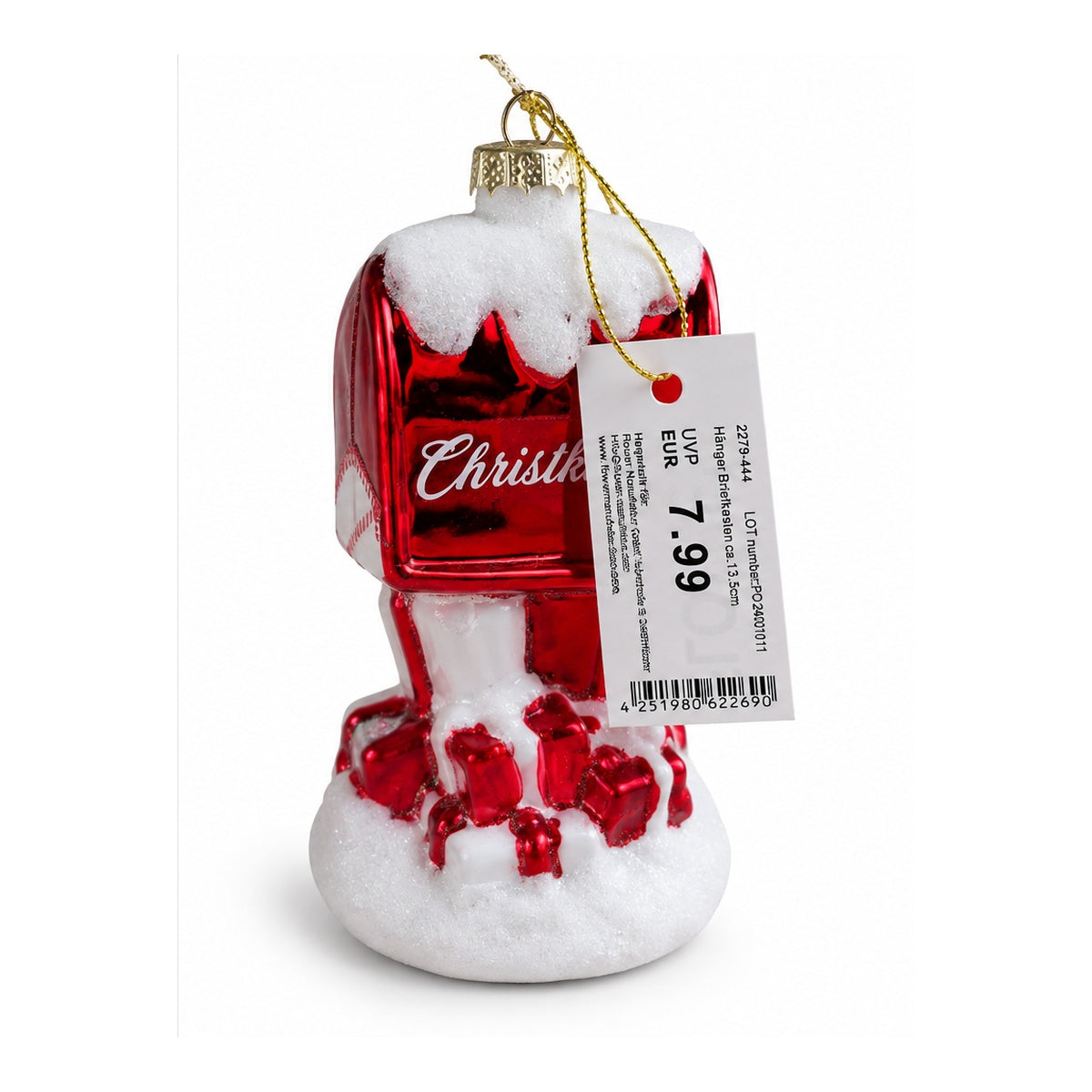 Christkind Briefkasten-Anhänger mit Produktetikett in Seitenansicht auf weißem Hintergrund