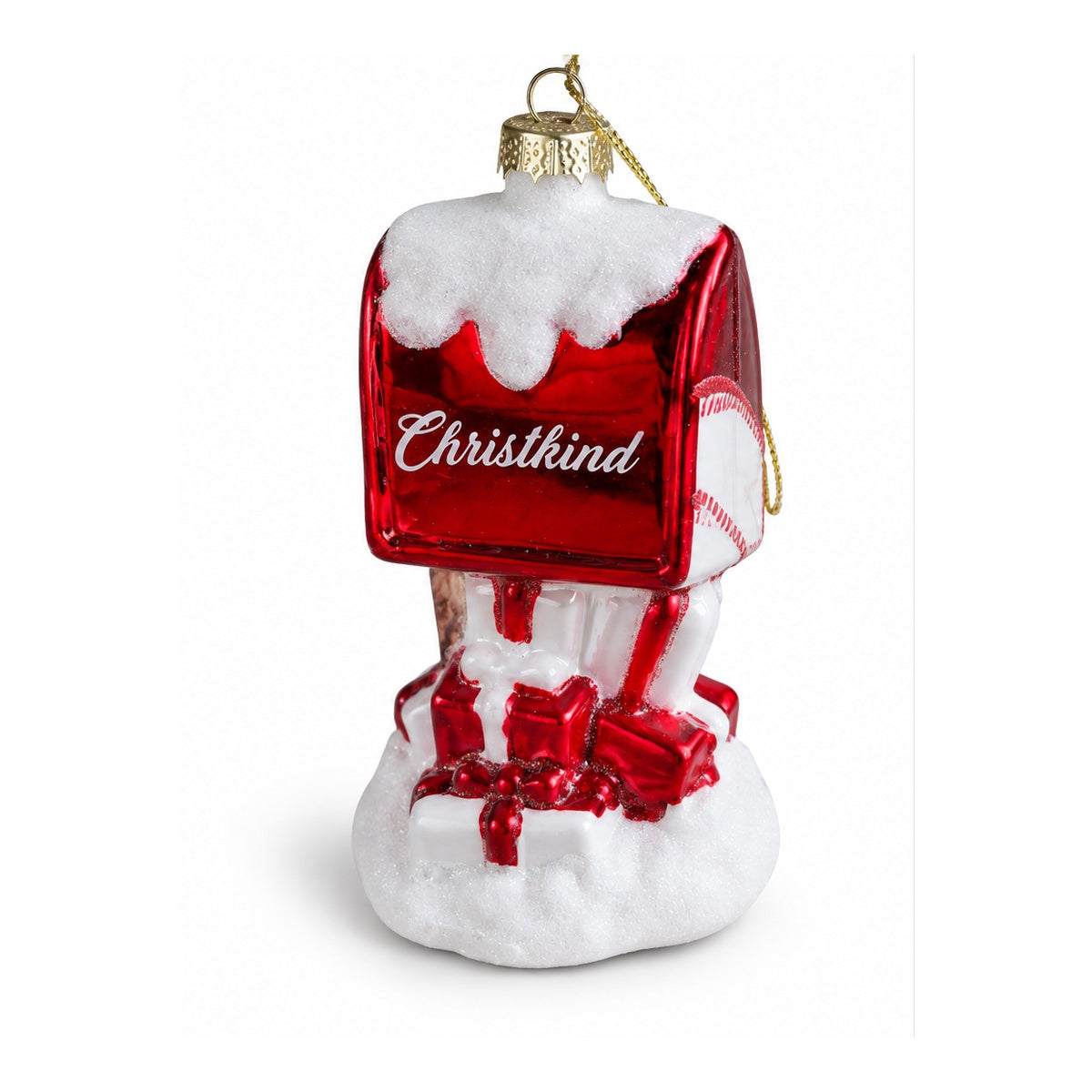 Christkind Briefkasten-Anhänger in Rot und Weiß mit Schnee- und Geschenkdekor auf weißem Hintergrund